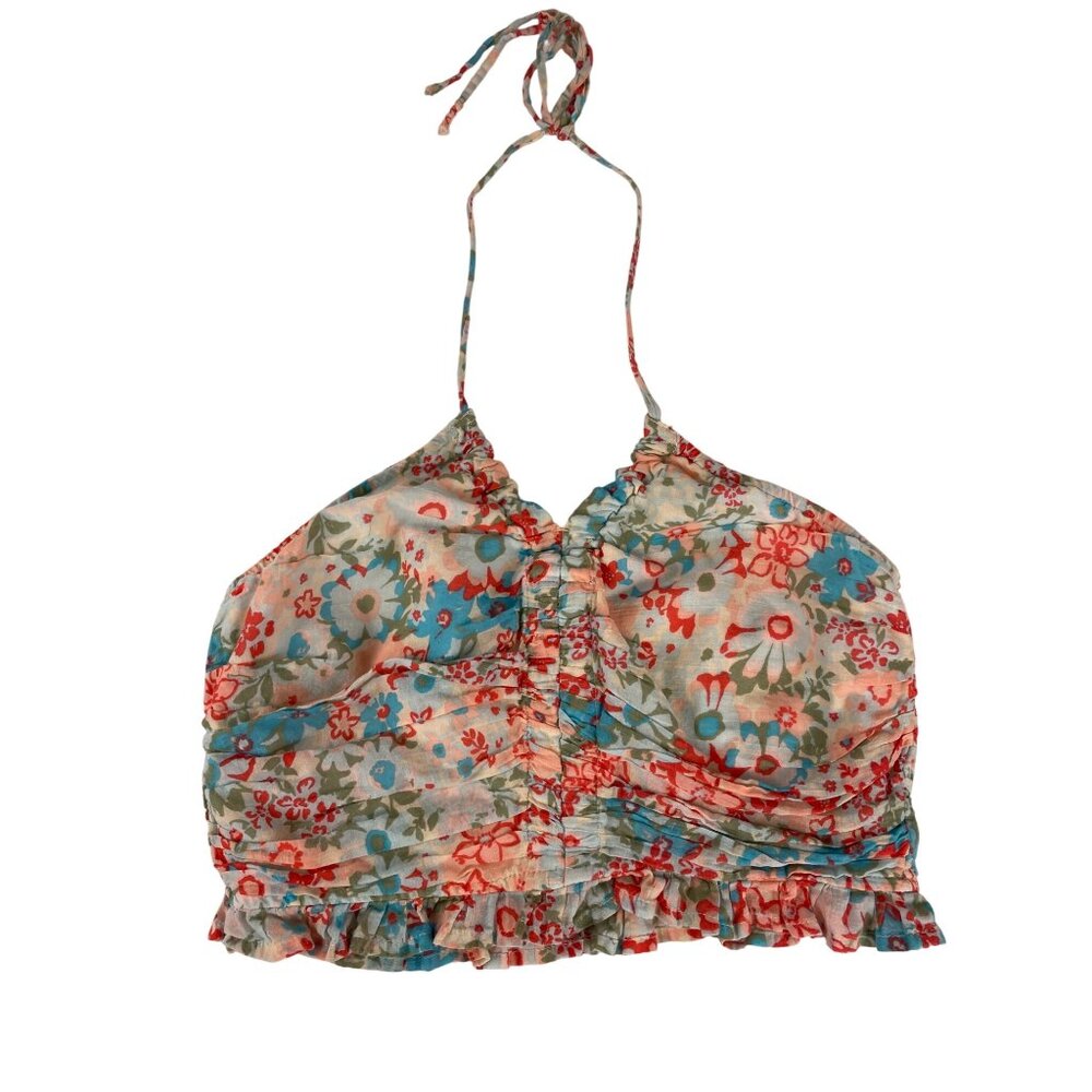 American Eagle Women's Small Cotton Floral Ruched Ruffle Crop Halter Top Pastel